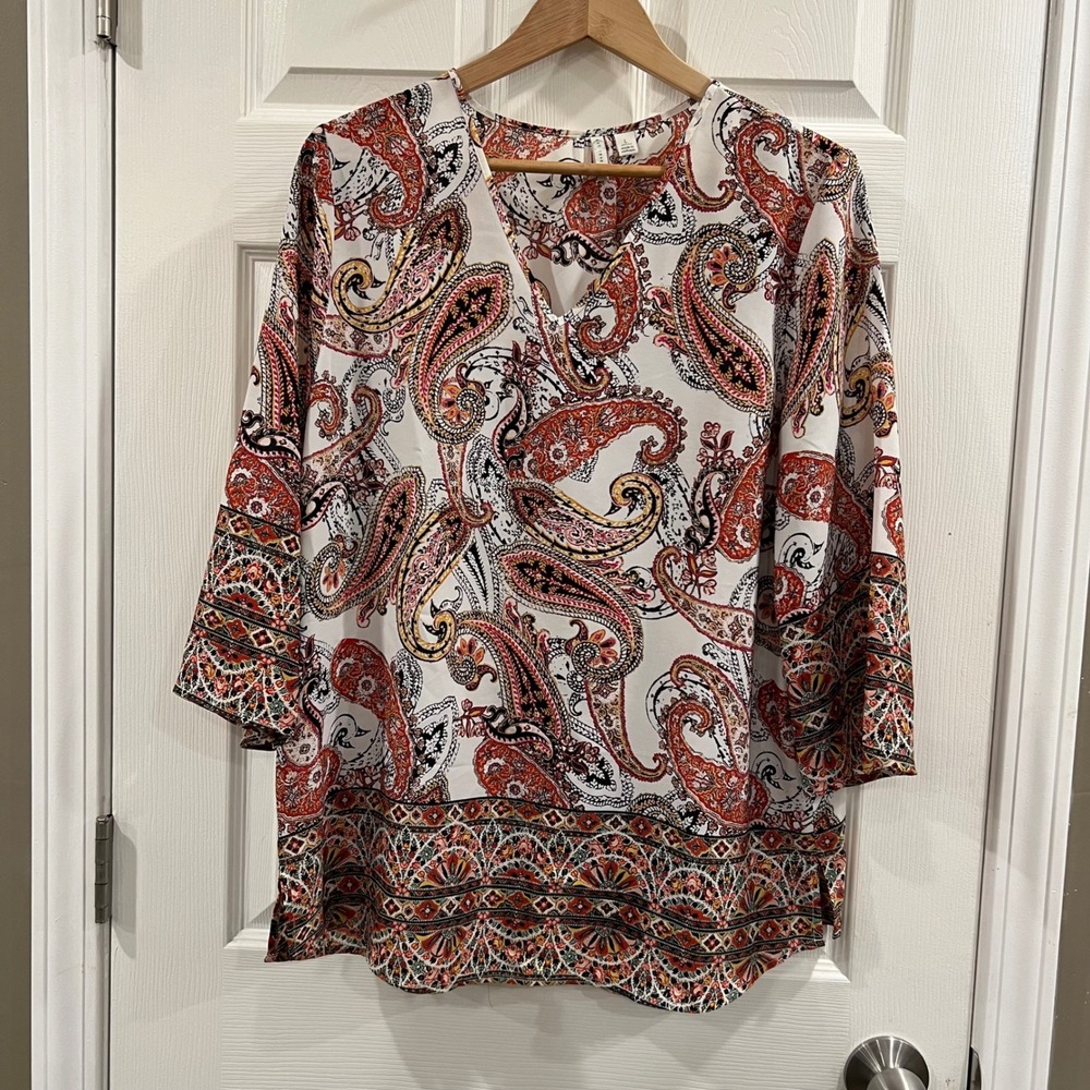 Est. 1946‎ Womens Large Paisley V-Neck 3/4 Sleeve Blouse Orange White RN37080